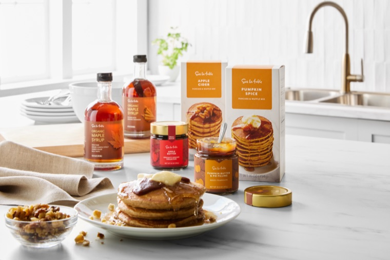 Autumn syrup, pancake mix and apple butter packaging.