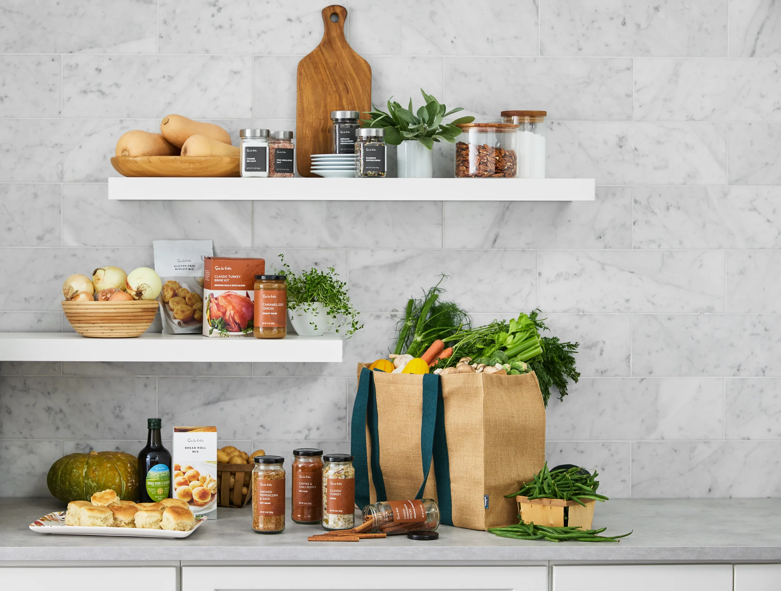 Food and pantry packaging in a kitchen environment.