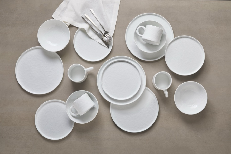 White dinnerware collection, overhead.