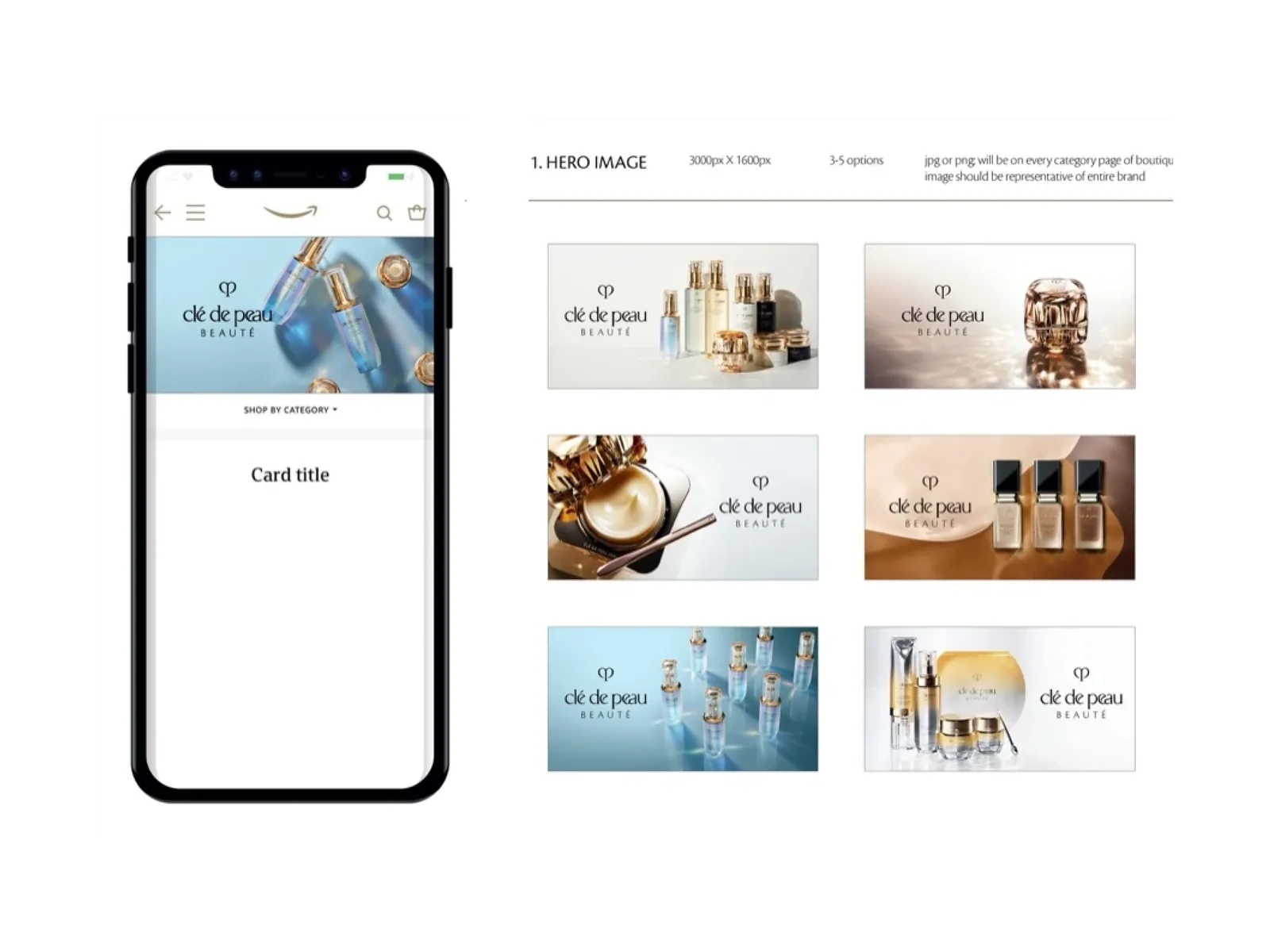 Launch specification page for the brand store. A phone mockup shows where the hero image sits above the category navigation, and the requirement beside it reads: hero image, 3000 by 1600 pixels, three to five options, JPG or PNG, appearing on every category page and representative of the entire brand. Six candidate hero options are laid out below for selection.