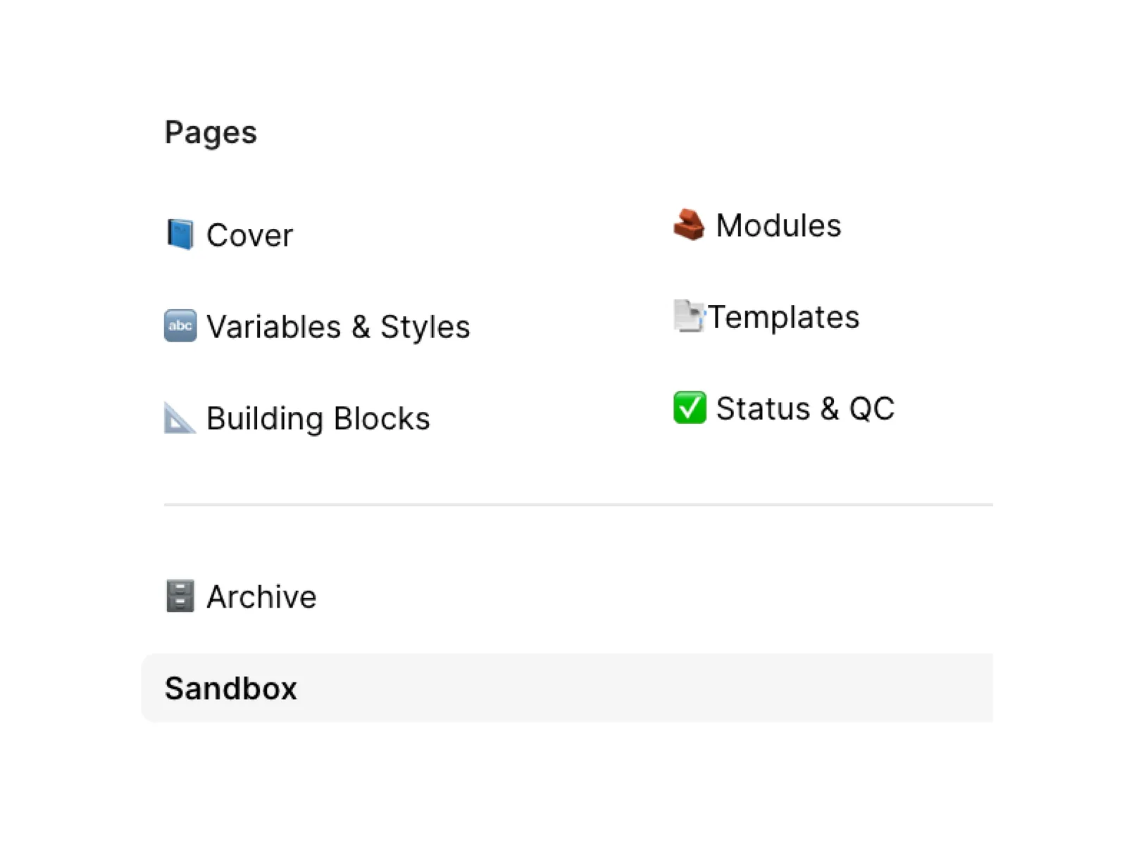 Page list of the published email library: Cover, Variables and Styles, Building Blocks, Modules, Templates and Status and QC above a divider, with Archive and Sandbox below it.