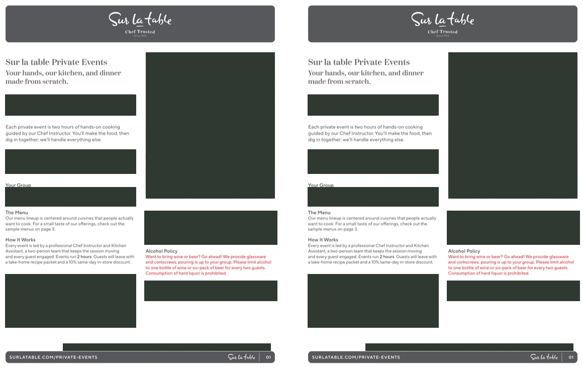 Existing document comparison. Rates, capacity, store identity, location details, identifying testimonials, staff photo badges and unrelated marketing metrics redacted. Typographic treatment remains visible.