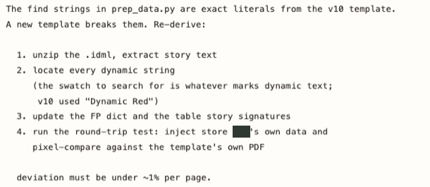 Procedure for re-deriving the pipeline when the source template changes. Store identifier redacted. The ~1% line is a procedure threshold, not a measured result.