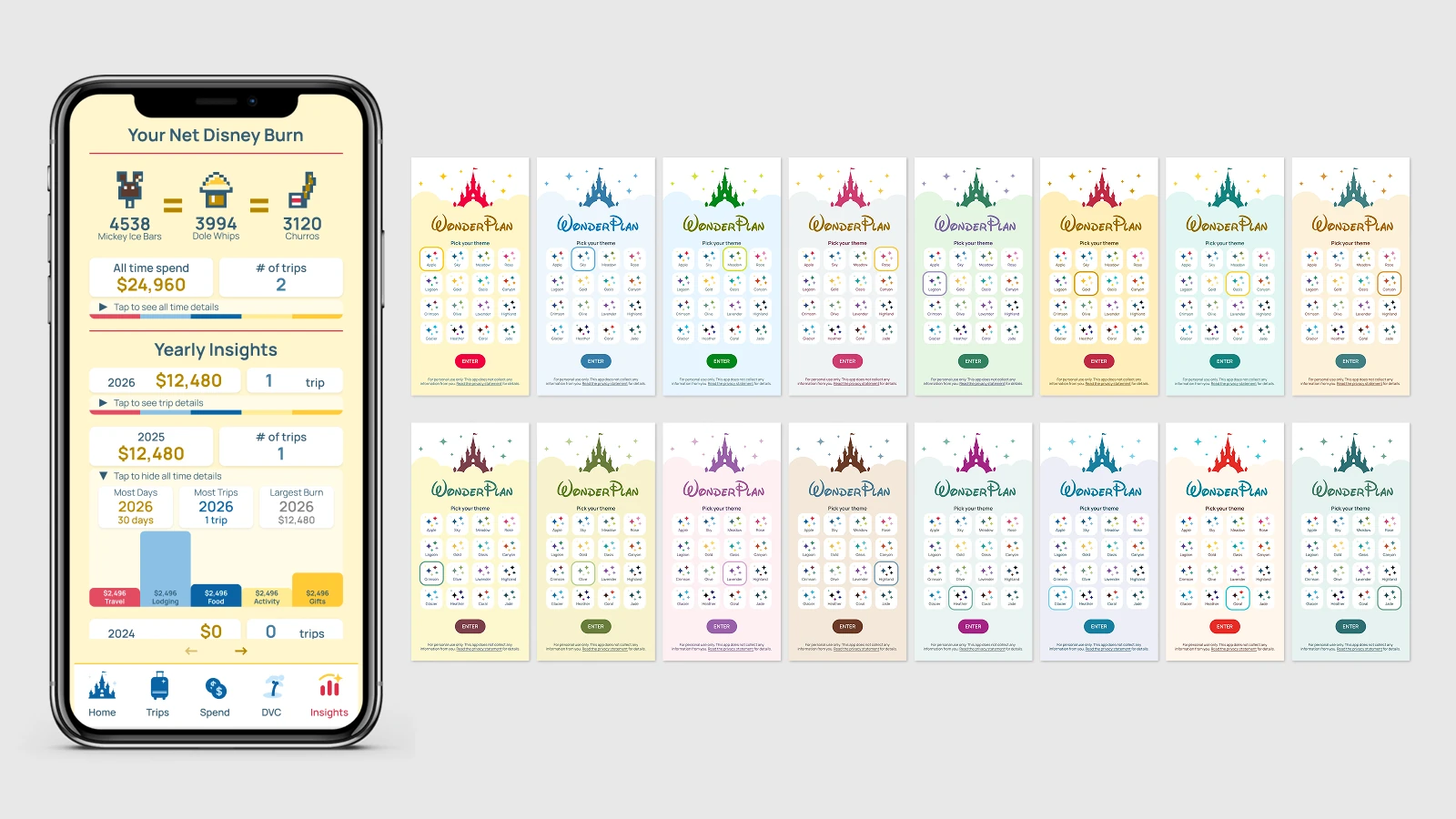 WonderPlan on a phone: the Insights screen showing all-time spend, trip counts and a yearly category breakdown, beside sixteen versions of the theme picker, one per colour theme.